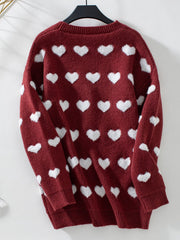 Burgundy jacquard knit cardigan with white hearts, crew neck, acrylic.