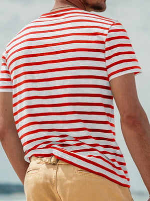 Men's Full Size Striped Pocket Short Sleeve T-shirt in Navy Blue, model styling view