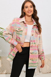 Aztec print shacket in dusty pink with patch pockets and button front.