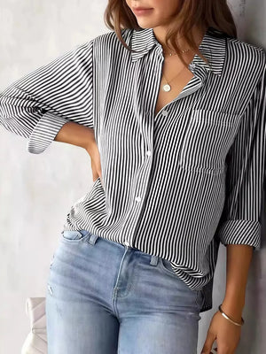 Classic Striped Button-down Shirt in Black, fabric detail