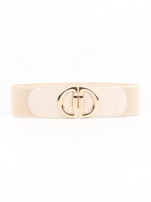 Cream elastic waist belt with double D gold buckle