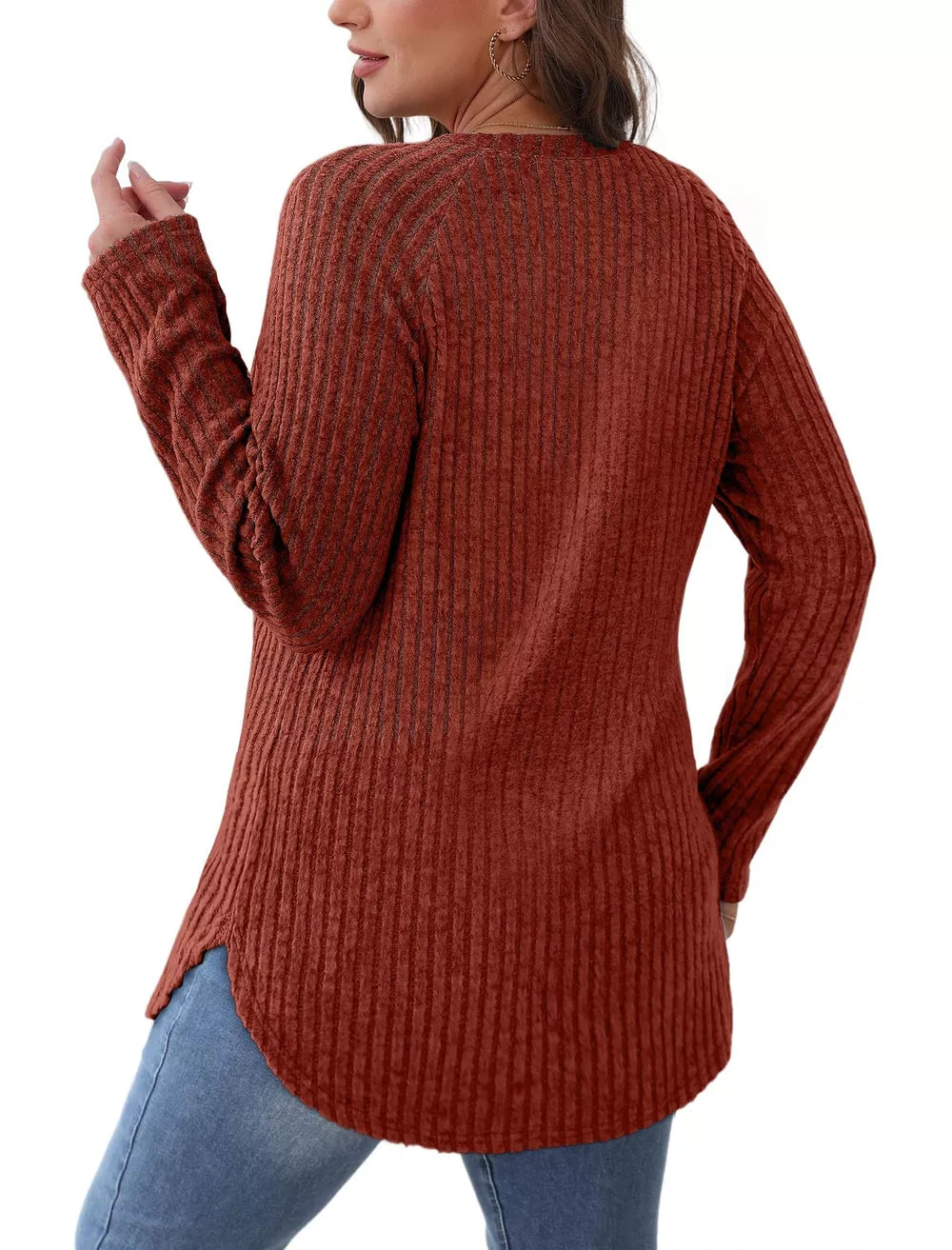 Rust ribbed knit long sleeve maternity t-shirt with crew neck and curved hem