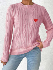 Dusty pink cable knit sweater with embroidered red heart detail