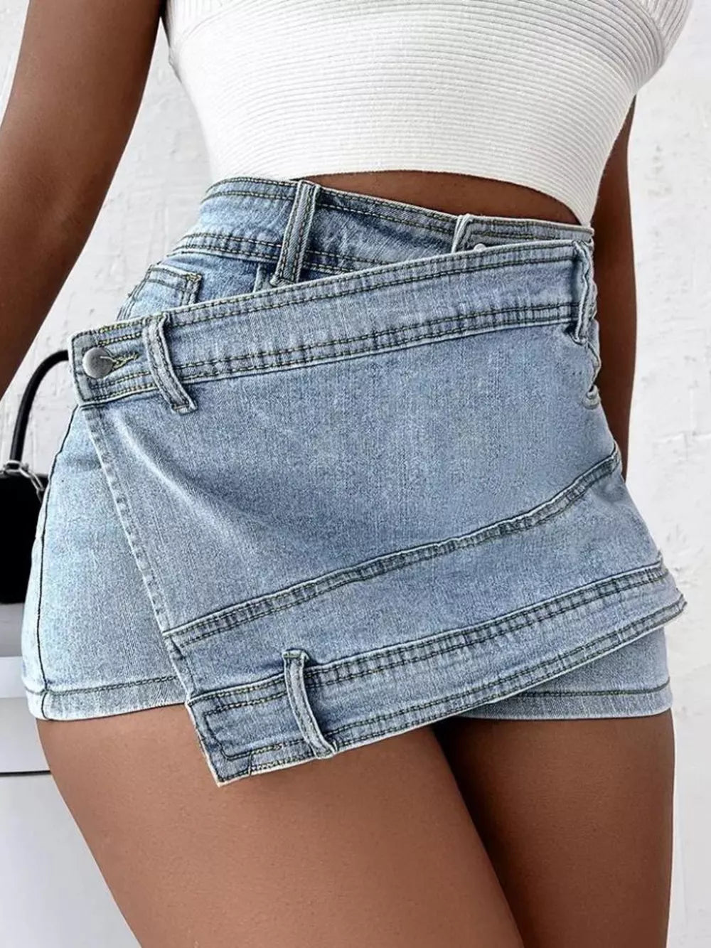 Asymmetrical Wrap Denim Shorts in Blue, fabric detail
