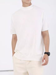 Men's white mock neck knitted t-shirt with short sleeves and ribbed hem.