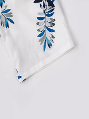 Men's Tropical Print Short Sleeve Shirt And Shorts Set in White, fabric detail