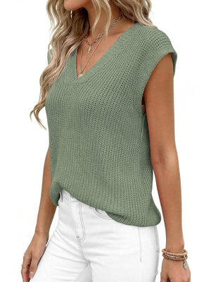 Sage green textured V-neck sweater vest with cap sleeves.