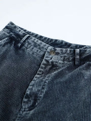 Blue corduroy cargo pants with textured fabric and button closure.