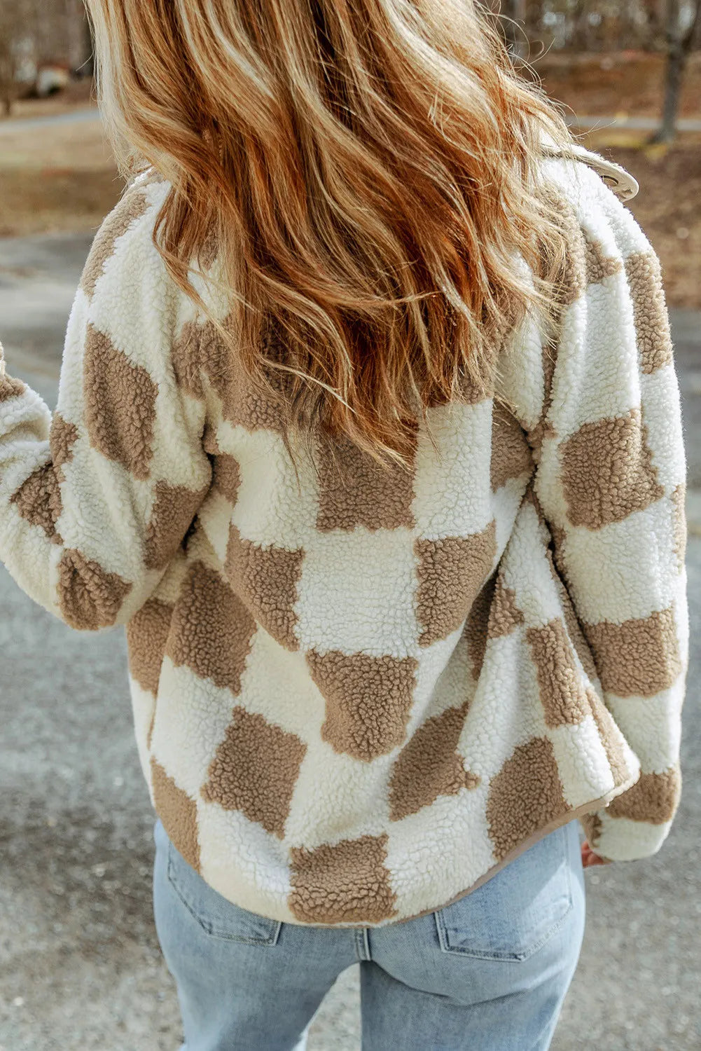 Teddy checkered utility jacket in Dust Storm with a fuzzy texture and relaxed fit.