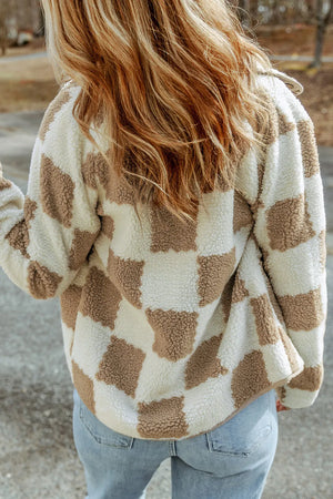 Teddy checkered utility jacket in Dust Storm with a fuzzy texture and relaxed fit.