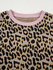 Leopard print loungewear top with pink crew neck and trim