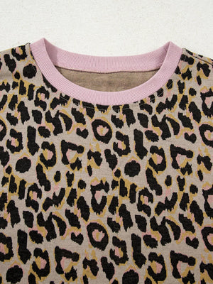 Leopard print loungewear top with pink crew neck and trim