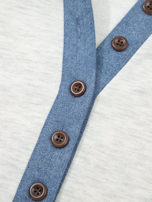 Heathered casual top with button detail and denim trim