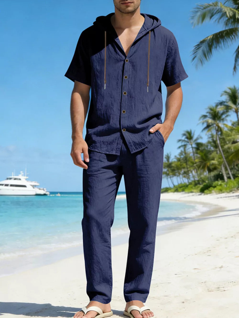 Navy linen blend hooded top and pants ensemble for men