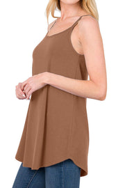 Caramel cami with spaghetti straps and curved hemline