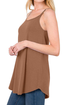 Caramel cami with spaghetti straps and curved hemline