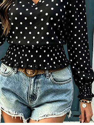 Polka Dot V-neck Smocked Blouse, fit detail