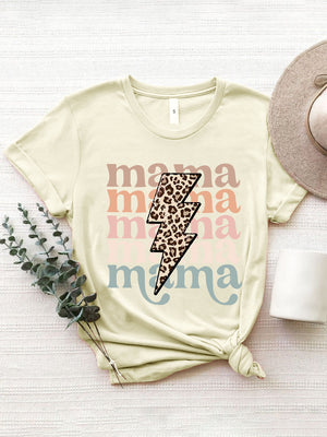 Cream Mama Bolt graphic t-shirt with leopard print lightning bolt and pastel text.