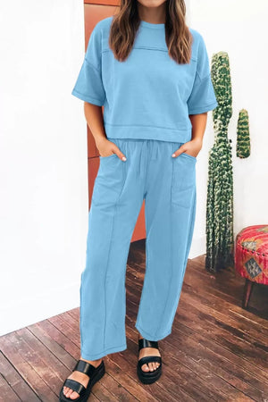 Blue cotton boxy tee and relaxed barrel pants set with crew neck and drawstring waist.