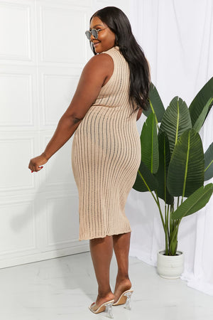 Tan open-knit collared midi cover-up dress with vertical stripe detail.