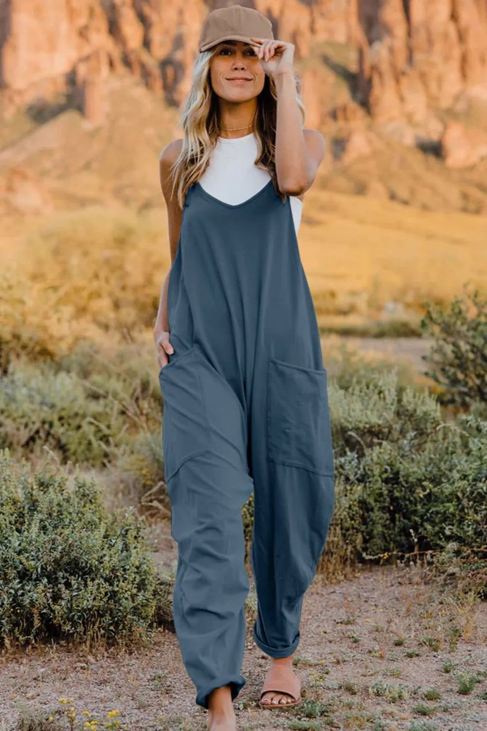 French blue V-neck wide-leg jumpsuit with pockets, cotton blend, casual women's joggers.