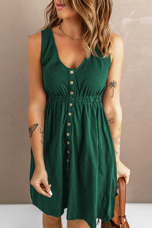 Evergreen button-down mini dress with gathered waistline and V-neck