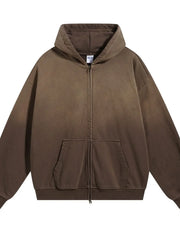 Oversized coffee brown zip-up hoodie with vintage wash and front pocket.