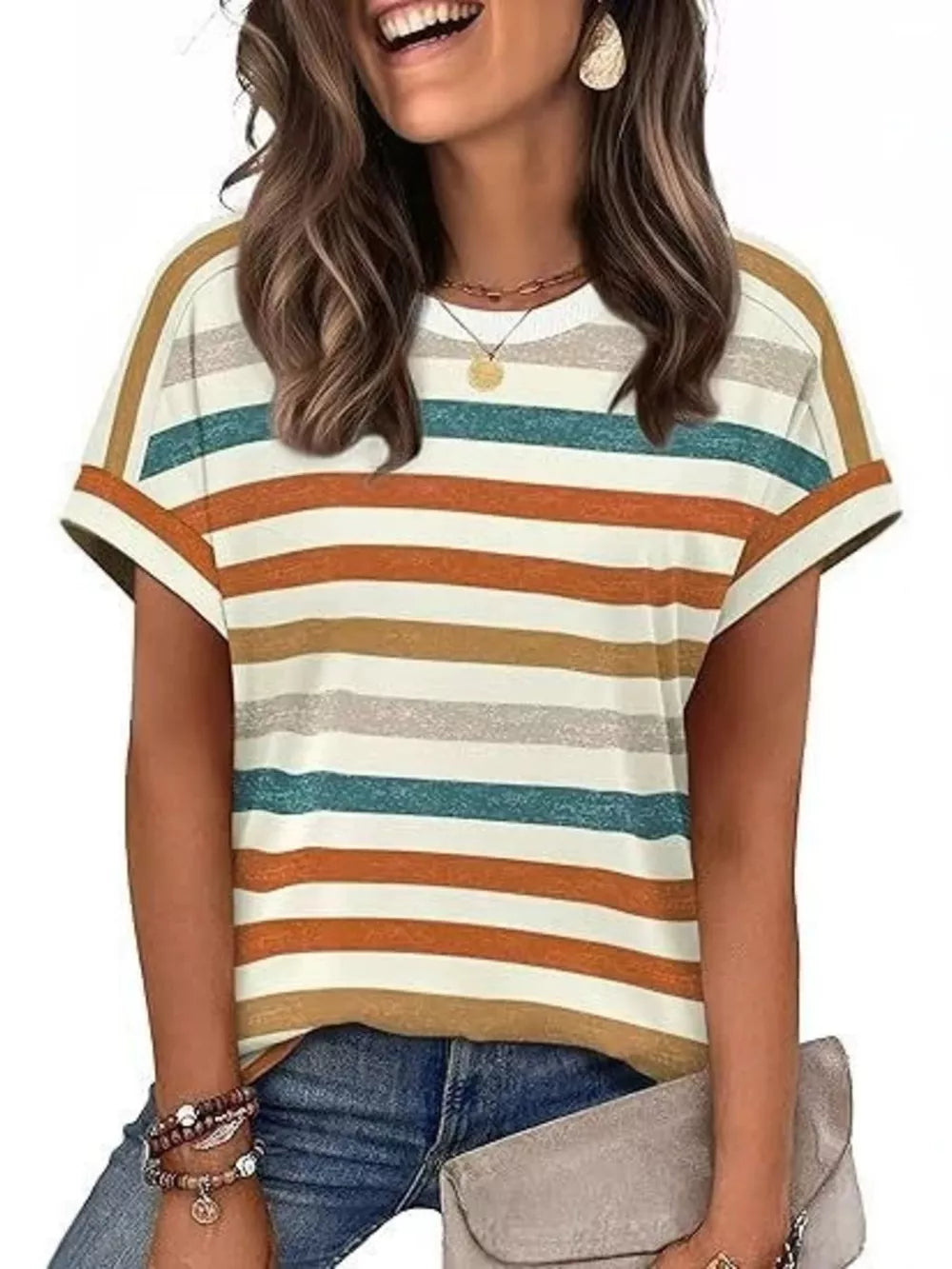 Striped casual t-shirt with short sleeves and a crew neck in orange and teal stripes.