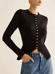 Black button-down slim fit cardigan with gold buttons and curved hem.