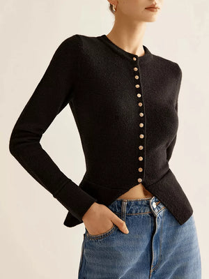 Black button-down slim fit cardigan with gold buttons and curved hem.