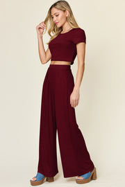 Burgundy cropped tee and wide-leg palazzo pants set with a round neckline and short sleeves.