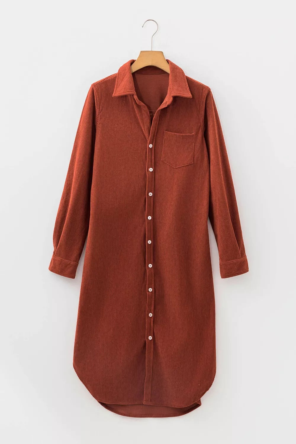 Long Sleeve Button Down Corduroy Midi Dress in Rust, back view