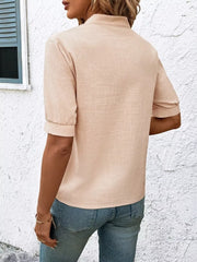 Apricot embroidered notched blouse with cuffed sleeves, basic style, women's apparel.