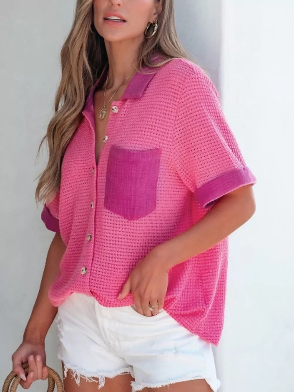 Pink waffle-knit button-down shirt with contrast pocket and cuffs, short sleeves