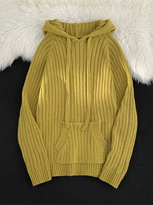 Yellow ribbed knit hooded sweater with drawstring and front pocket.