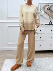 Color-blocked knit lounge set in tan with horizontal stripes on sleeves and hem.