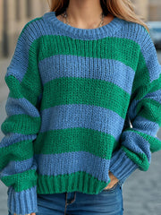 Chunky knit jumper with blue and green stripes, crew neck, and relaxed fit.