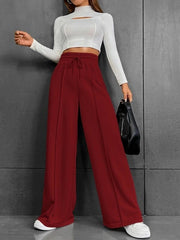 Wine red wide-leg sweatpants with drawstring waist and front seam detail