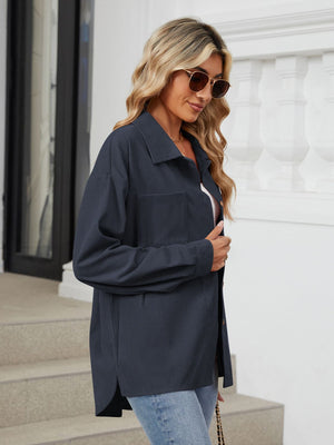 Dark Navy corduroy overshirt with button front and chest pocket.