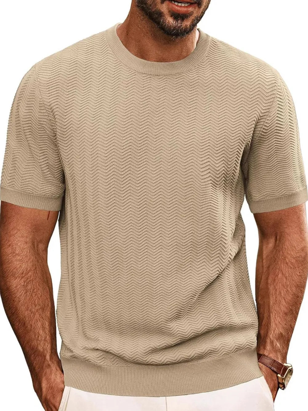 Chevron knit crew neck tee in Khaki with short sleeves and a textured pattern.