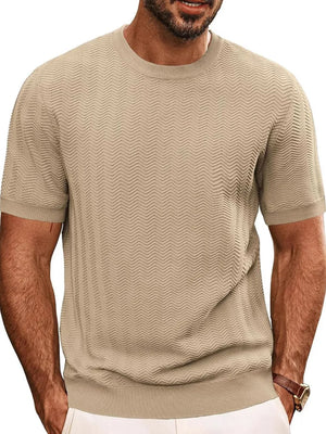Chevron knit crew neck tee in Khaki with short sleeves and a textured pattern.