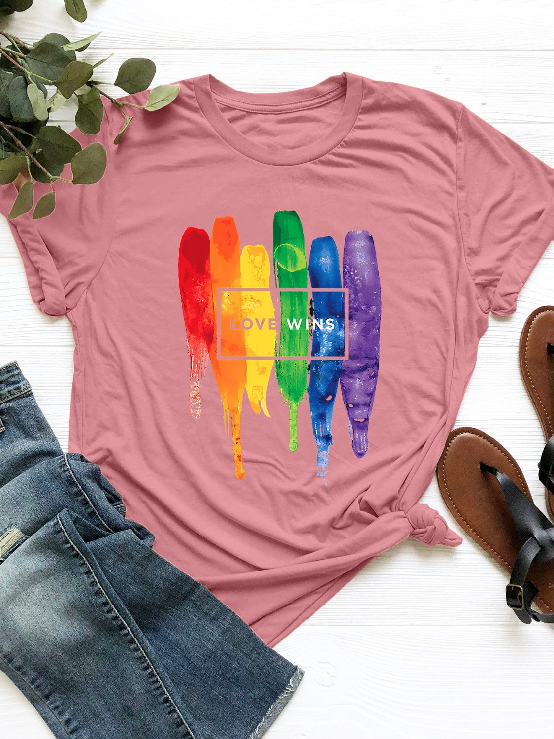 Dusty Pink t-shirt with rainbow brushstroke graphic and "LOVE WINS" text.