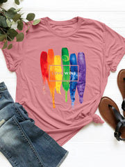 Dusty Pink t-shirt with rainbow brushstroke graphic and "LOVE WINS" text.