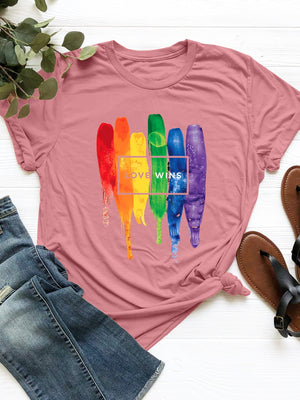 Dusty Pink t-shirt with rainbow brushstroke graphic and "LOVE WINS" text.
