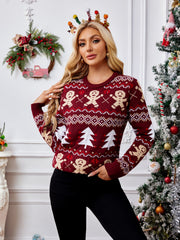 Burgundy acrylic knit sweater with gingerbread men and Christmas tree Fair Isle pattern.