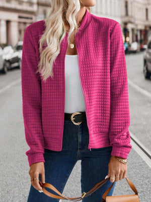 Deep Rose quilted bomber jacket with zip closure and bomber collar.