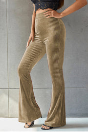Ribbed velvet palazzo trousers in Khaki with a flared leg