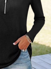 Black ribbed knit half-zip sweater with long sleeves and a silver zipper detail.