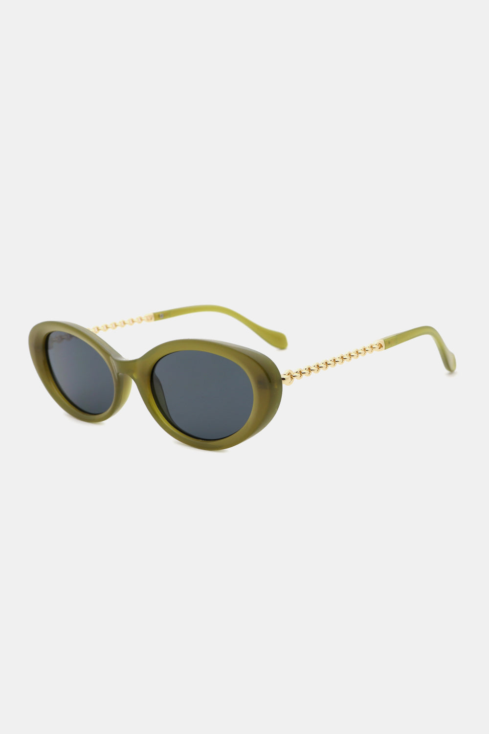 Olive oval sunglasses with gold chain detail on the arms.