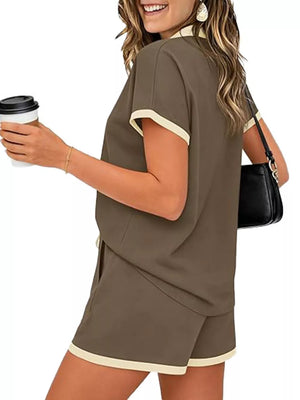 Brown polo collar two-piece set with contrast trim, drawstring shorts and short sleeves.